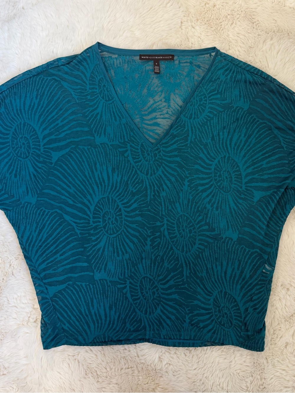 White House Black Market Teal V-Neck Floral Knit Top